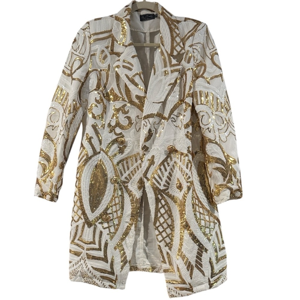 BLITHE White & Gold Sequin Embellished Art Deco Blazer Coat/Jacket size M